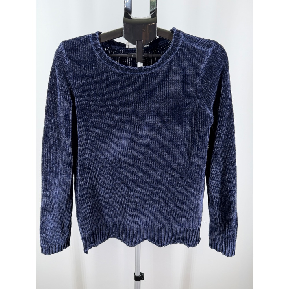 Michael Kors Navy Blue Chenille Scalloped Hem Crewneck Sweater Womens Large